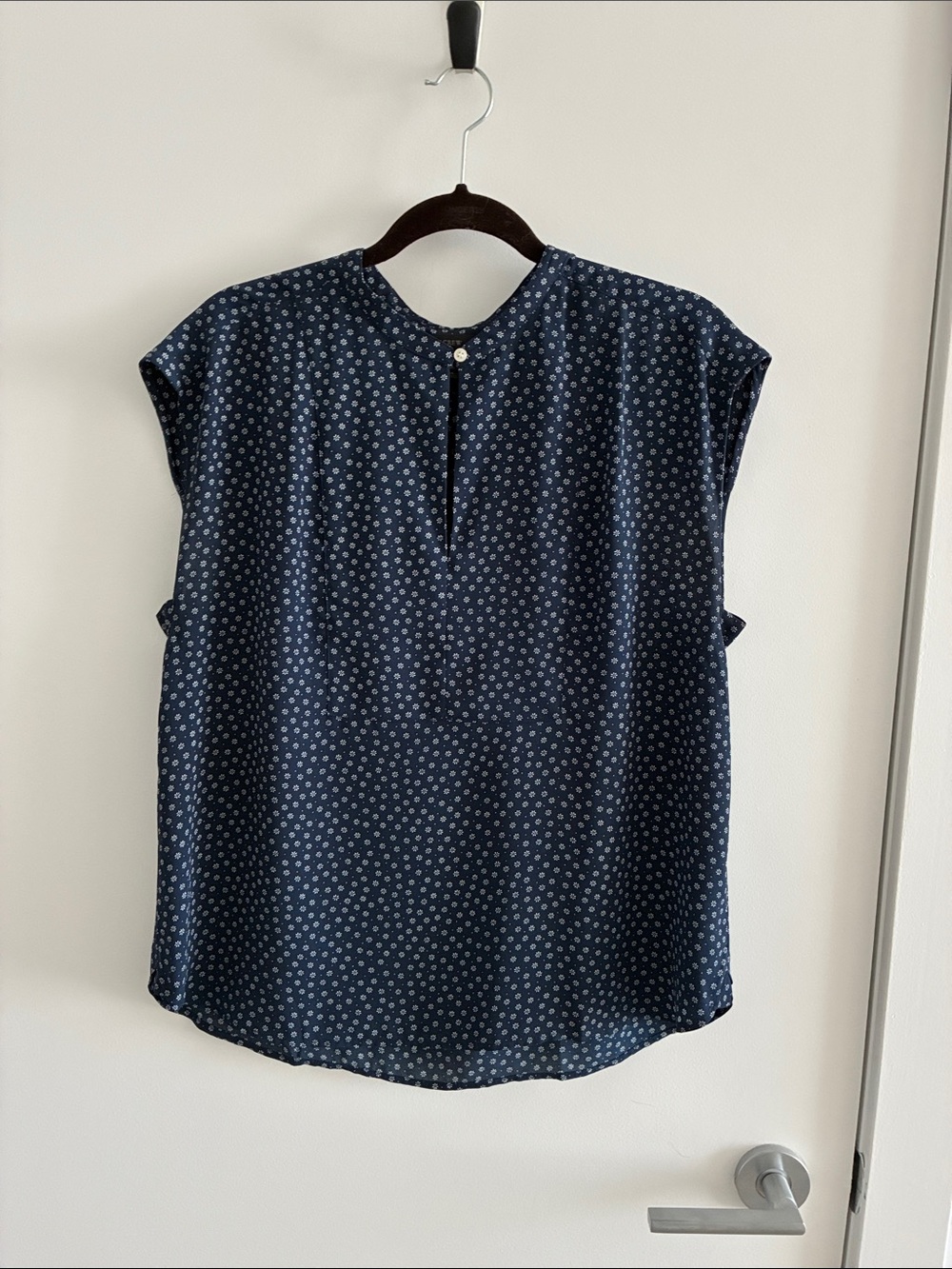 Navy Printed Cap-Sleeve Women's Top